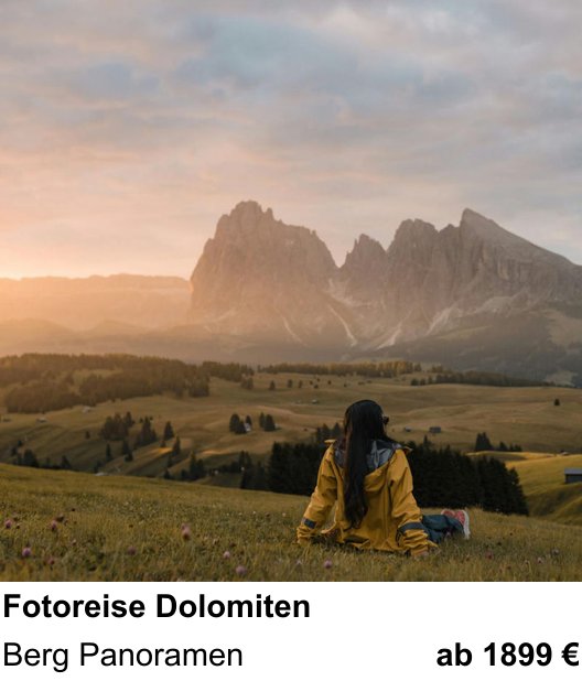 Lichtstarker Fotoworkshop rund um Fotoreise Dolomiten: Berg Panoramen